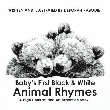 Black and white fine art illustration book showing two sleeping bear cubs in babys first black and white animal rhymes