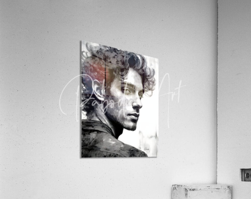 Bad Boy black and white portrait print of man with curly hair mounted on acrylic surface wall art