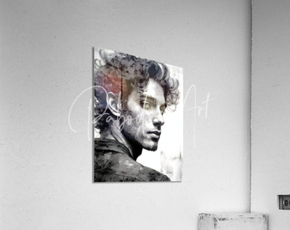 Bad Boy black and white portrait print of man with curly hair mounted on acrylic surface wall art