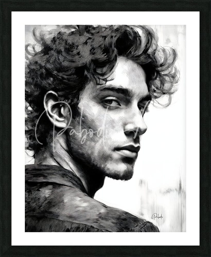 Black and white framed portrait of a man with curly hair and detailed shading featured in bad boy product design