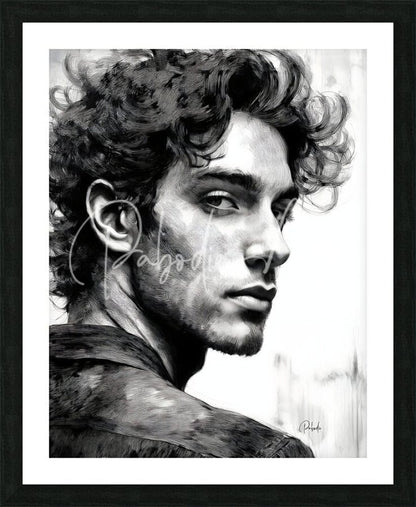 Black and white framed portrait of a man with curly hair and detailed shading featured in bad boy product design