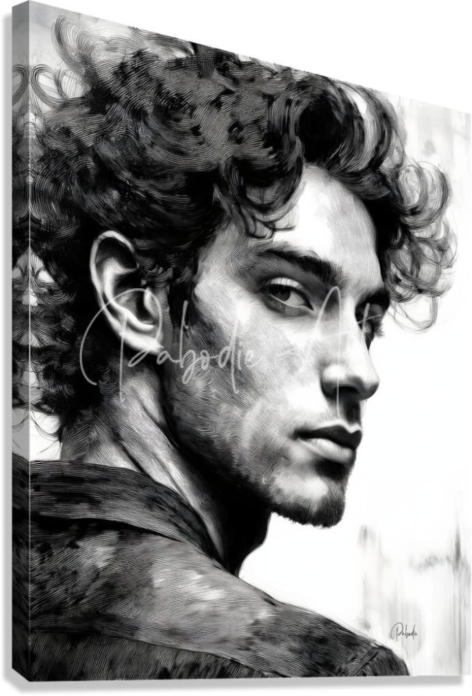 Black-and-white canvas print titled Bad Boy featuring a detailed sketch of a man with curly hair and facial stubble