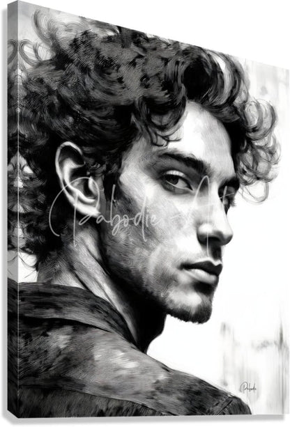 Black-and-white canvas print titled Bad Boy featuring a detailed sketch of a man with curly hair and facial stubble