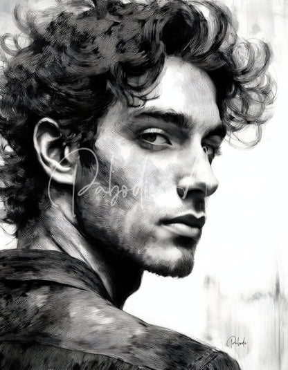 A detailed black and white sketch of a man with curly hair and beard in fine line work on the bad boy product design