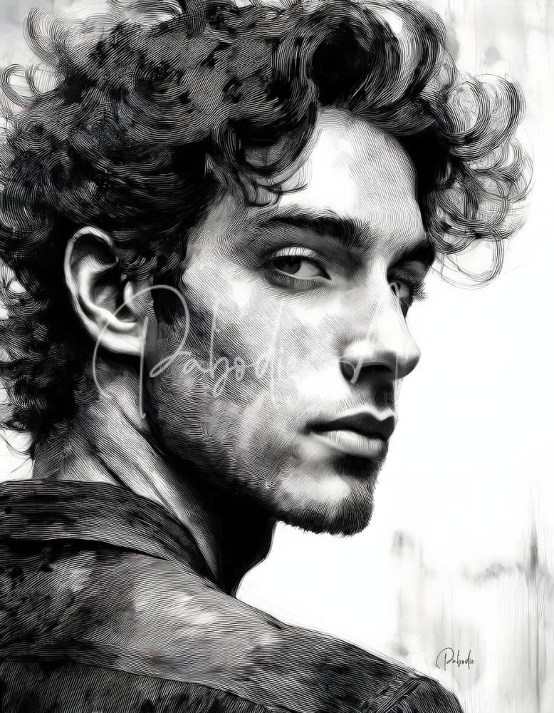 A detailed black and white sketch of a man with curly hair and beard on the bad boy product design