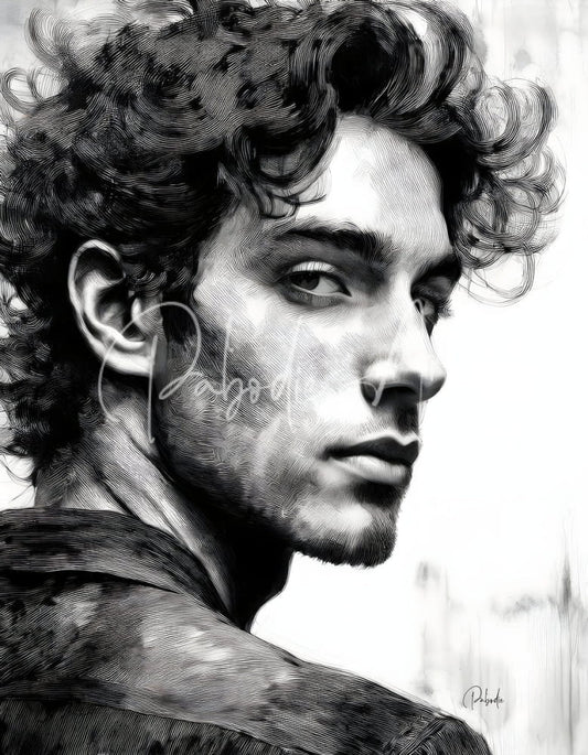 A detailed black and white sketch of a man with curly hair and beard on the bad boy product design