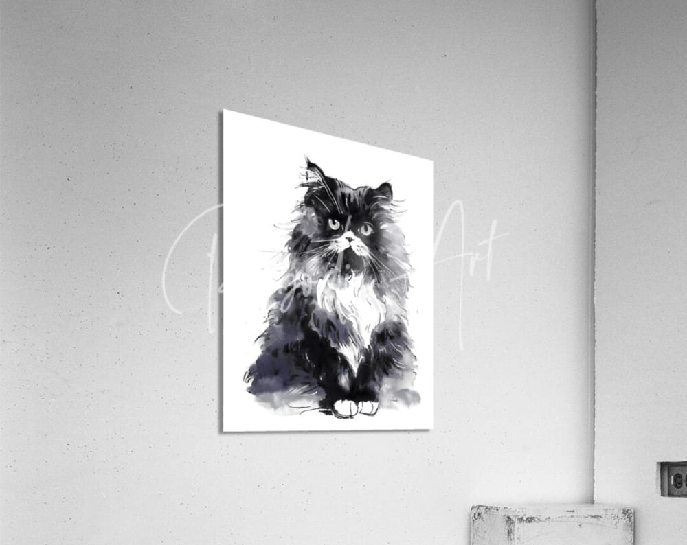 Black and white watercolor painting of a fluffy long-haired cat on an acrylic print titled bad hair day kitty