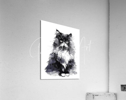 Black and white watercolor painting of a fluffy long-haired cat on an acrylic print titled bad hair day kitty