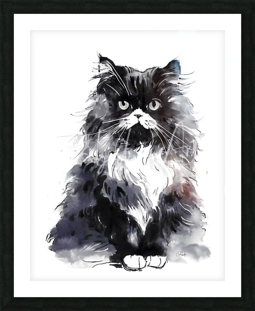 Black and white watercolor painting of a fluffy cat titled bad hair day kitty in a black frame