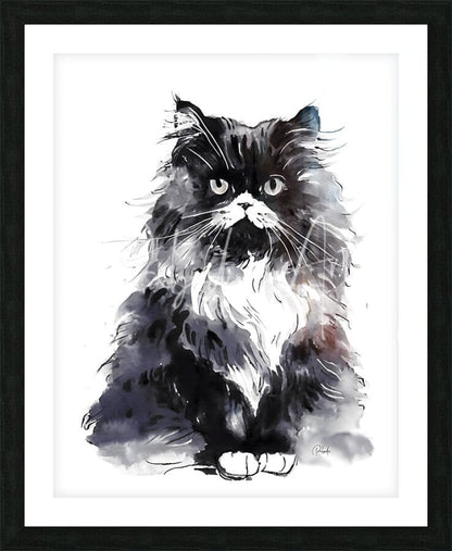Black and white watercolor painting of a fluffy cat titled bad hair day kitty in a black frame