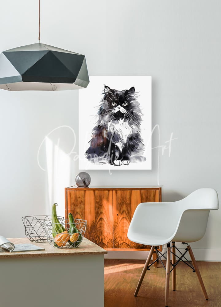 Black and white watercolor painting of a fluffy long-haired cat on white canvas titled bad hair day kitty