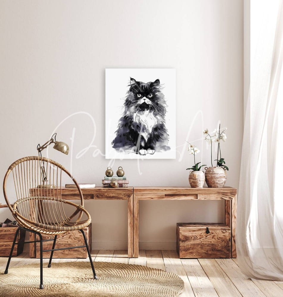 Black and white watercolor painting of a fluffy cat on white canvas titled bad hair day kitty