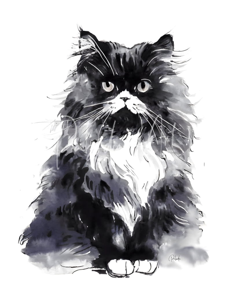 A detailed black and white watercolor illustration of a fluffy long-haired cat with striking eyes on bad hair day kitty product