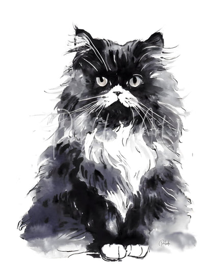 A detailed black and white watercolor illustration of a fluffy long-haired cat with striking eyes for bad hair day kitty product