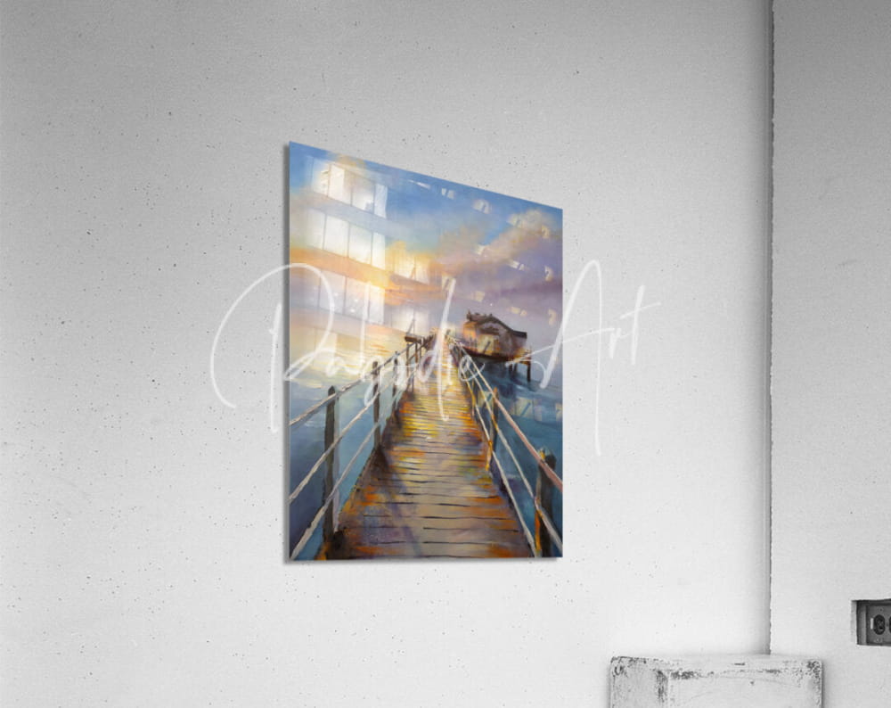 A rectangular acrylic print titled bait shop on the pier showing a wooden pier under a warm colorful sunset sky
