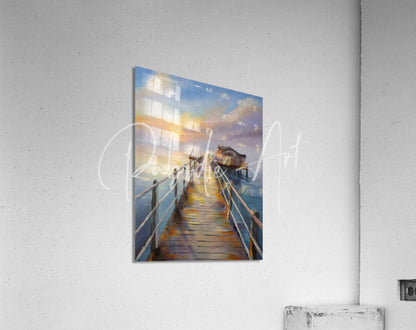 A rectangular acrylic print titled bait shop on the pier showing a wooden pier under a warm colorful sunset sky