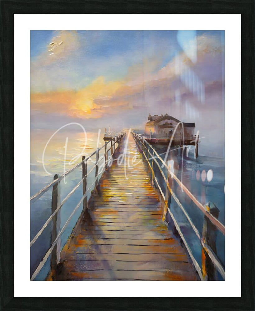Framed painting of a wooden pier at sunset with warm orange and yellow hues titled bait shop on the pier