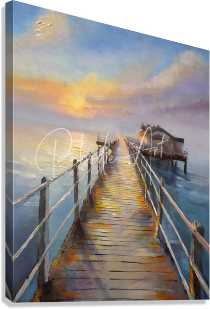 A canvas painting titled bait shop on the pier showing a wooden pier at sunset with warm orange yellow and cool blue hues