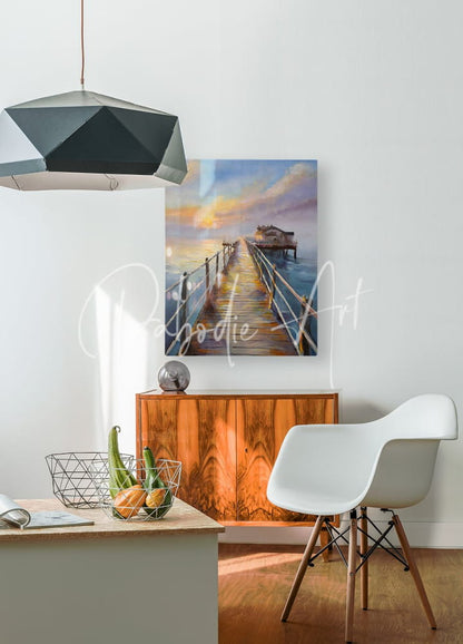 A serene sunset painted wooden pier artwork in soft blues and warm oranges for the bait shop on the pier product