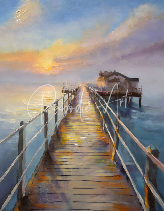 A serene oil painting named bait shop on the pier featuring a wooden pier extending into calm waters at sunset