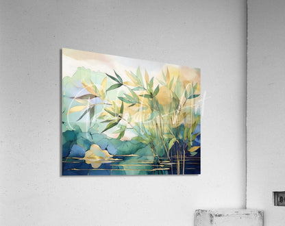 A square acrylic print featuring a watercolor bamboo stalks and leaves in soft greens yellows and blues on water