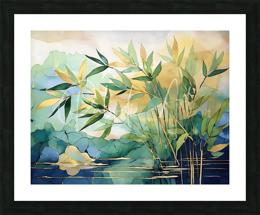A framed watercolor painting titled bamboo leaves in water featuring soft green blue and gold reeds with reflective water