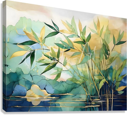 Watercolor canvas painting of lush green and yellow bamboo leaves with golden accents on a serene blue water backdrop