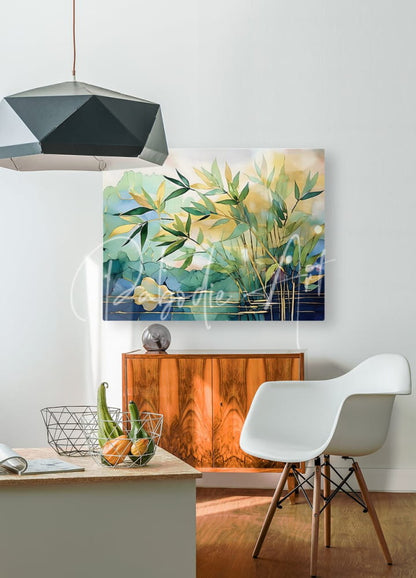 Watercolor painting on canvas featuring green and yellow bamboo leaves in water motifs
