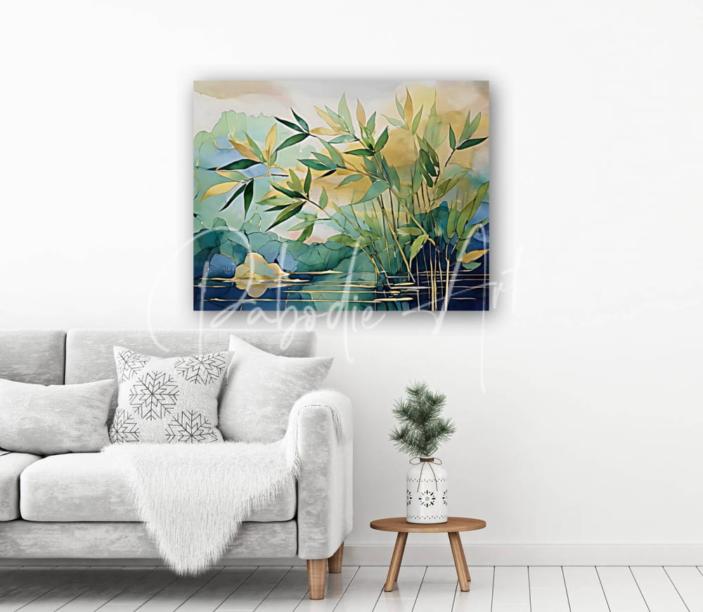 Watercolor painting of green and yellow bamboo leaves on a soft blue and beige background displayed on a white wall