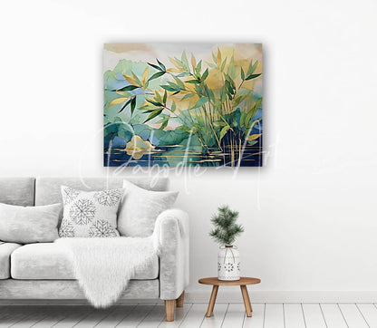 Watercolor painting of green and yellow bamboo leaves on a soft blue and beige background displayed on a white wall