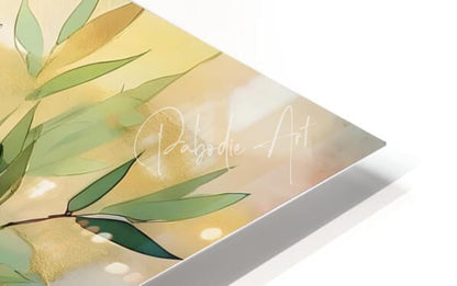 A sleek modern acrylic print titled Bamboo leaves in Water with delicate green and yellow watercolor leaves on a warm background