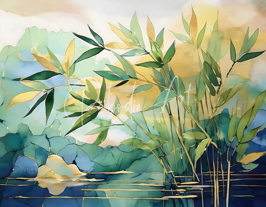 Watercolor painting of bamboo leaves in green and yellow on stalks against a soft gradient sky background