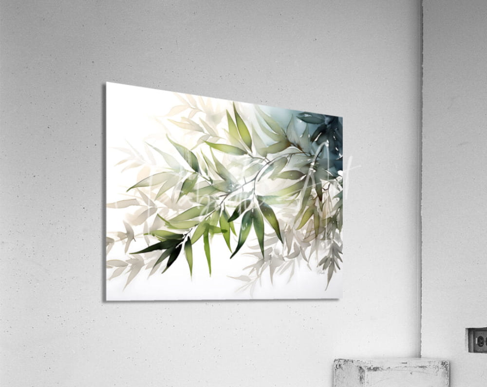 A rectangular acrylic print titled bamboo leaves watercolor featuring delicate green bamboo leaves in soft hues on white
