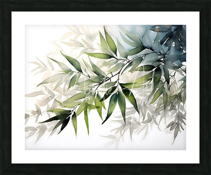 A framed bamboo leaves watercolor artwork with delicate green leaves and soft blue-gray accents on paper