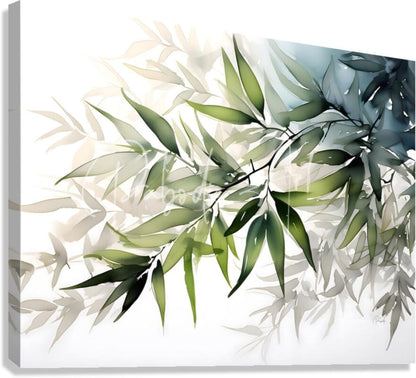 A modern bamboo leaves watercolor canvas print featuring delicate green leaves with teal and beige gradients on white background
