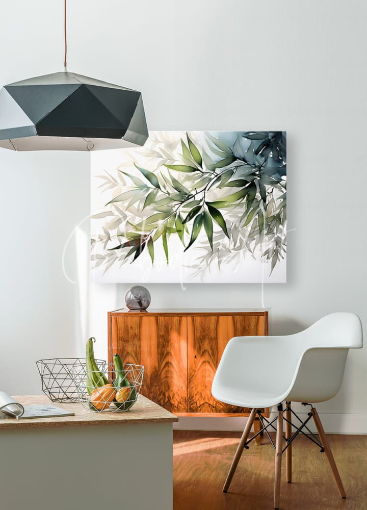 A modern geometric black pendant light with a faceted angular design hangs from the ceiling in bamboo leaves watercolor style