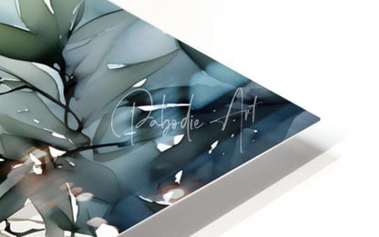 A sleek modern canvas print titled bamboo leaves watercolor with abstract botanical design in deep blues and greens