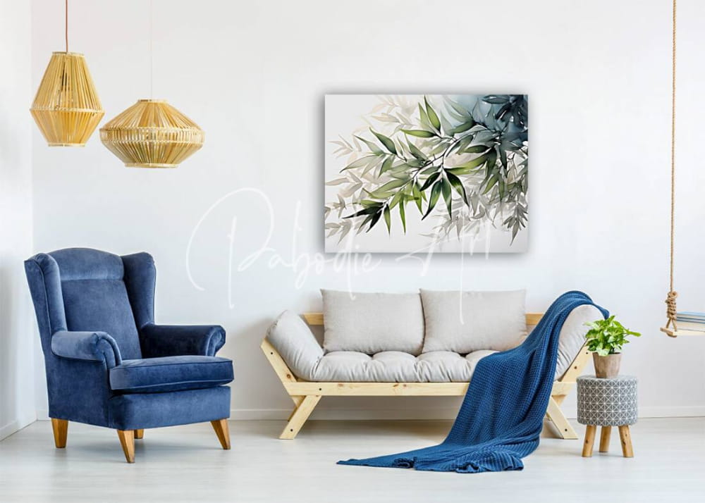 A rectangular canvas painting titled bamboo leaves watercolor featuring delicate green and gray bamboo leaves on white