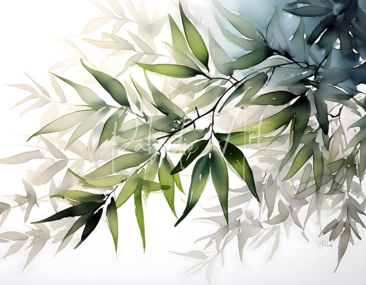 A delicate bamboo leaves watercolor painting in green and gray with soft brushstrokes on a light background