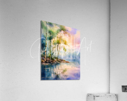 Bamboo shoreline watercolor landscape painting on acrylic featuring tall trees reflected in calm water under pastel sky