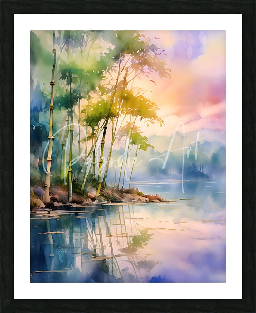 Watercolor painting titled bamboo shoreline of green bamboo trees by a tranquil lake framed in black with white matting