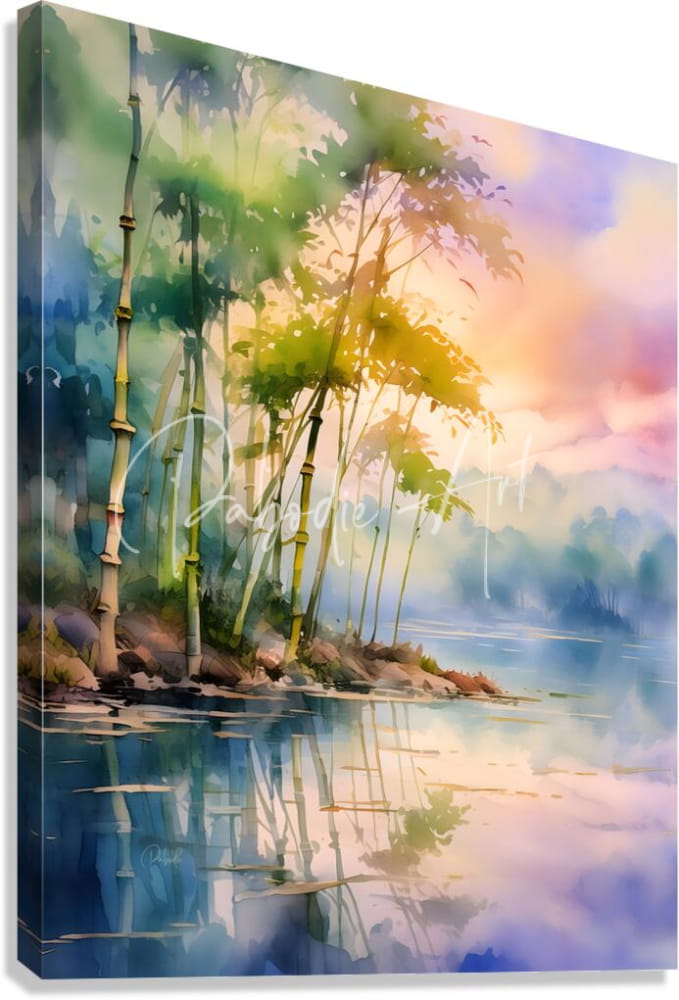 Watercolor canvas painting of a bamboo grove by a tranquil lake under a soft pastel sky titled bamboo shoreline