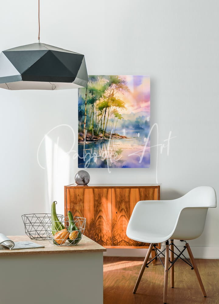 Watercolor painting on canvas of a serene bamboo grove reflected in calm water with soft pastel hues titled Bamboo Shoreline