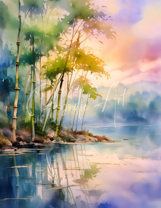 Watercolor painting of bamboo trees by a tranquil lake under a soft pastel-hued sky in bamboo shoreline design