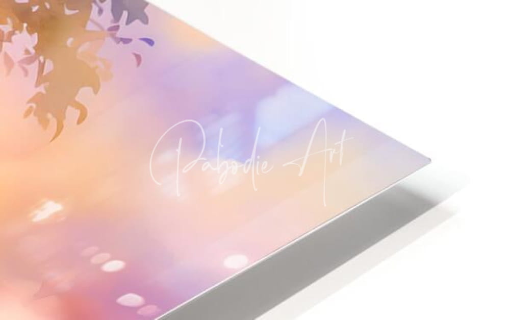 Pastel gradient art print titled bamboo shoreline featuring soft peach lavender and blue hues with silhouetted leaf design