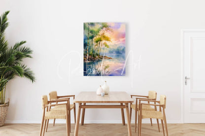 Bamboo shoreline watercolor painting of serene lakeside with tall trees and pastel skies in a white frame