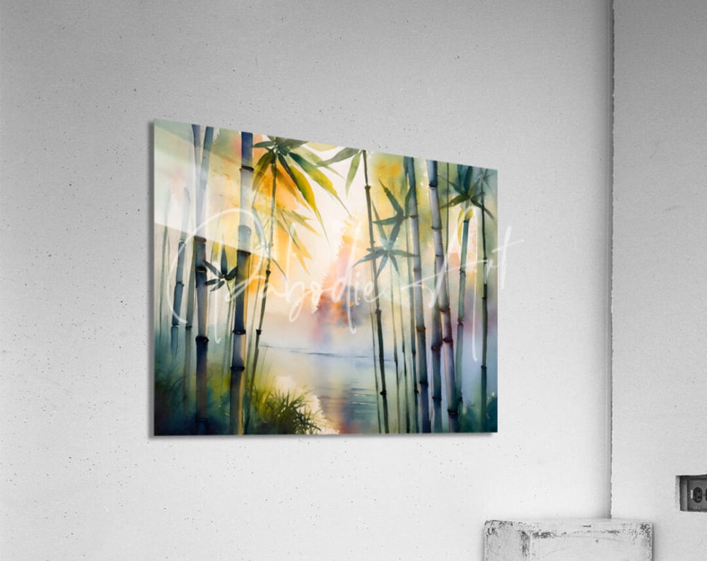Watercolor painting of a bamboo grove with tall slender stalks and lush green leaves at sunrise in soft sky colors