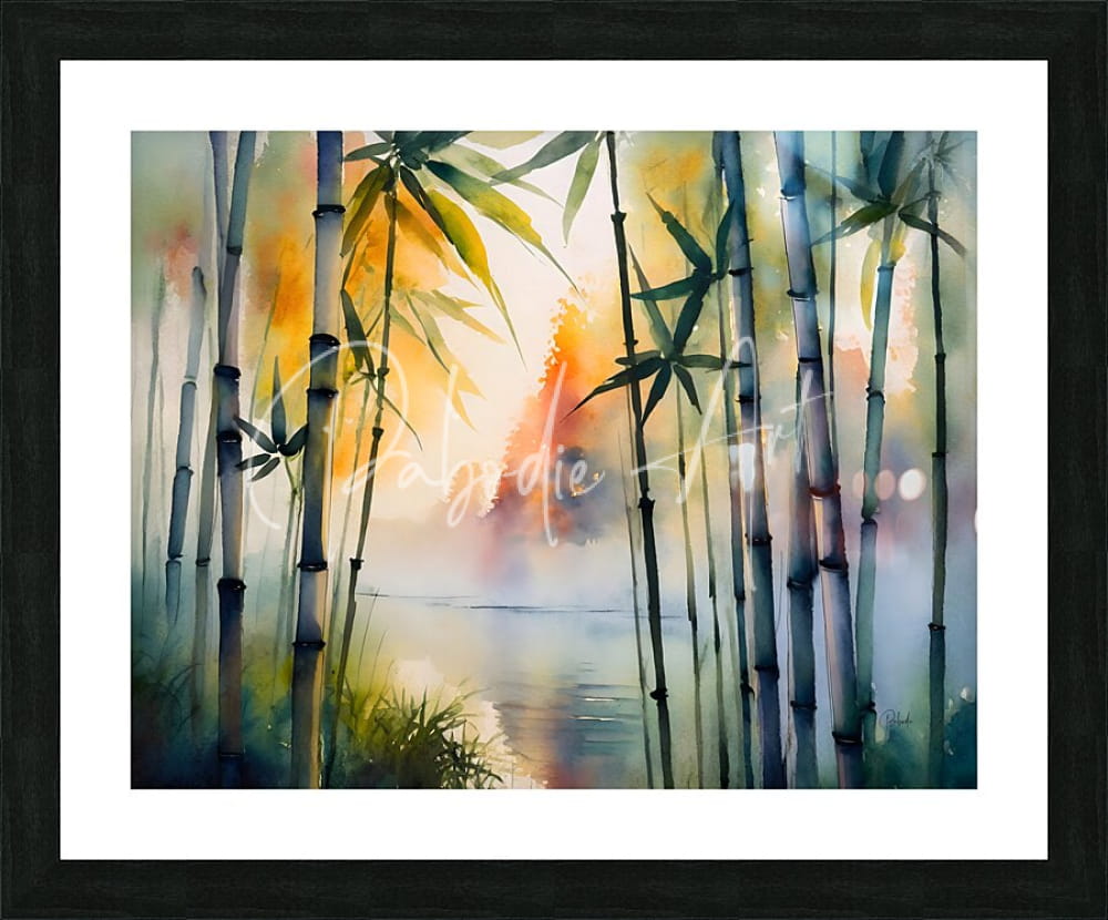 Watercolor painting of bamboo trees in soft blues greens and warm oranges framed in black for home decor