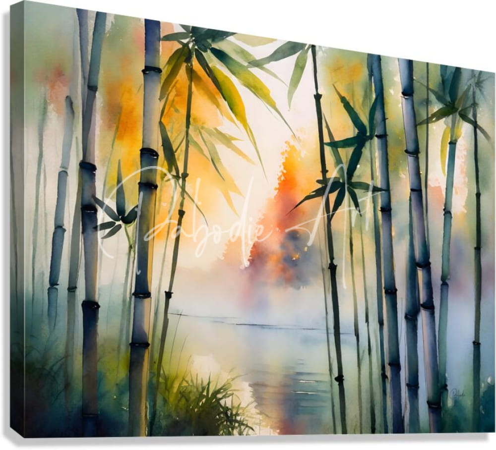 Watercolor canvas painting of bamboo trees with misty warm-toned lighting and soft green leaves