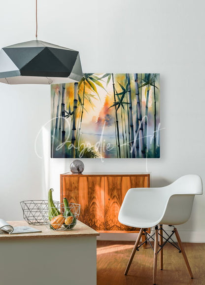 Watercolor painting of bamboo trees with soft green yellow and warm orange stalks on a rectangular canvas